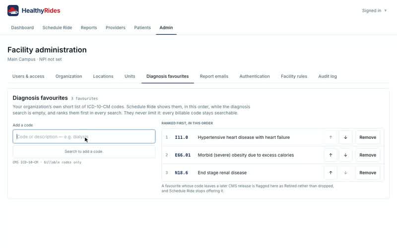 Diagnosis favourites, Adding a code