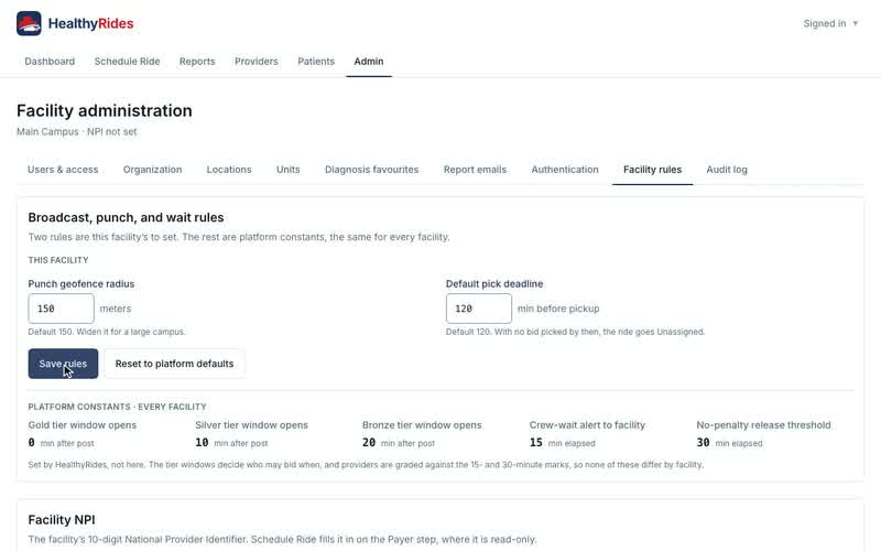 Facility rules, time zone and equipment, Geofence and pick deadline