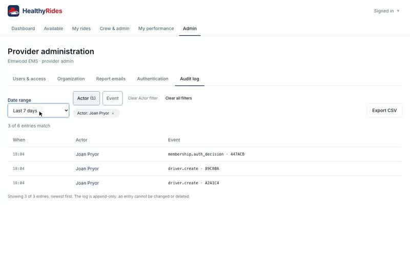 The audit log for a provider, Narrowing it