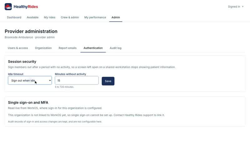 Authentication for a provider, Signing out when idle