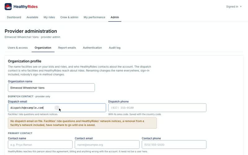 Your organization and dispatch contact, Setting it