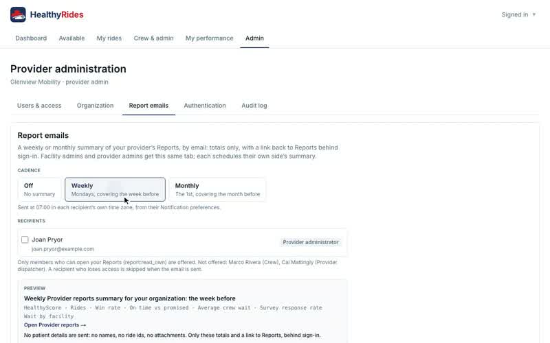 Report emails for a provider, Cadence and recipients
