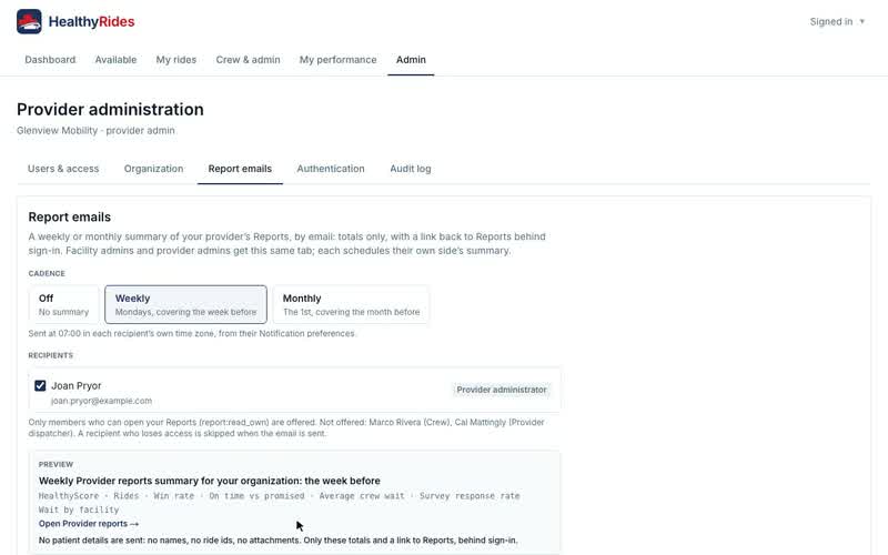 Report emails for a provider, The preview