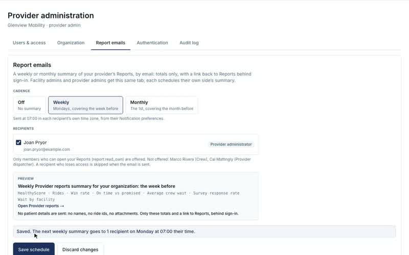 Report emails for a provider, Saving
