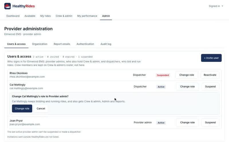 Users and access for a provider, Changing a role