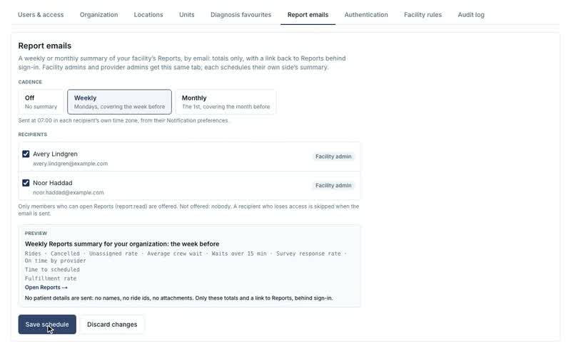 Report emails, Saving