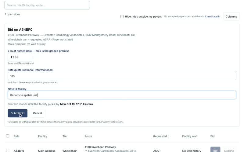 Placing a bid on a ride, Until the facility picks