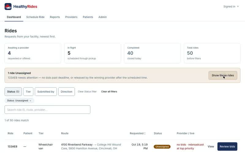 The Dashboard: every ride, and which ones need you, Show the Unassigned rides