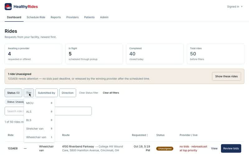 The Dashboard: every ride, and which ones need you, Filters and their counts