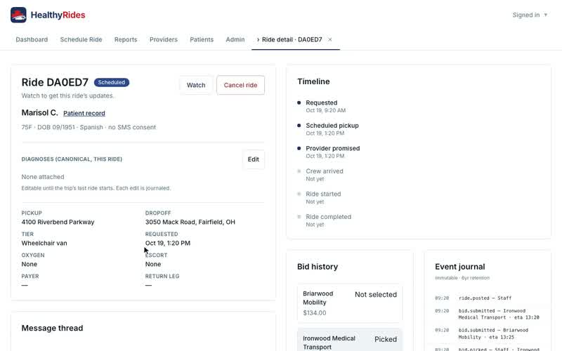 Ride detail: follow one ride from booking to completion, The ride card