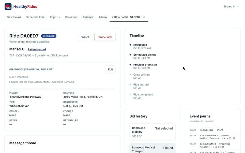 Ride detail: follow one ride from booking to completion, The timeline