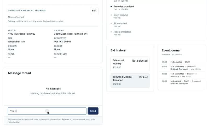 Ride detail: follow one ride from booking to completion, Messages