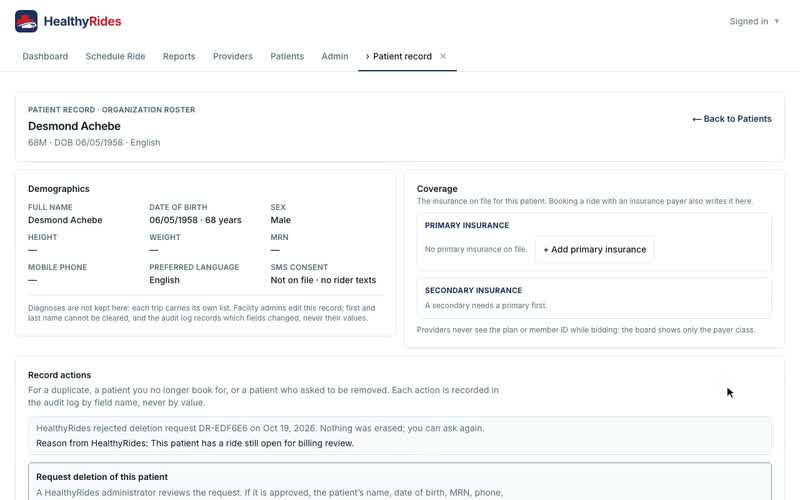 The patient record: request deletion, Requesting deletion