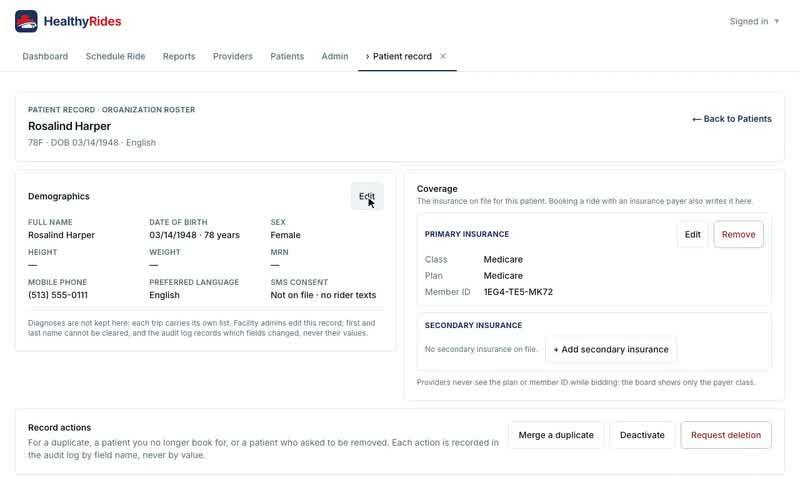 The patient record: details, coverage, deactivate and merge, Demographics
