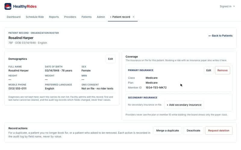 The patient record: details, coverage, deactivate and merge, Coverage