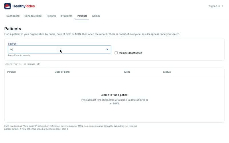 Patients: find a patient record, Searching