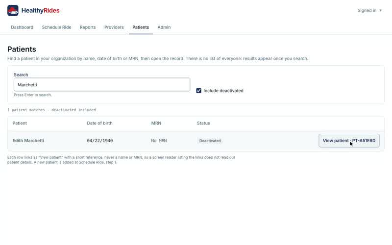 Patients: find a patient record, Opening a record