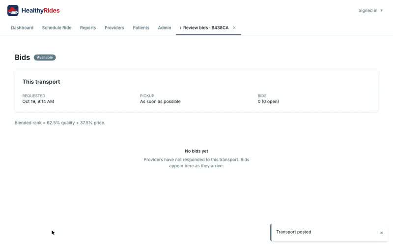 Booking a ride from start to finish, Bids