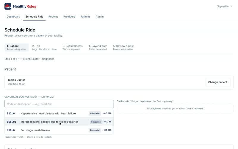 Schedule Ride, step 1: the patient and the diagnosis, Diagnosis favourites