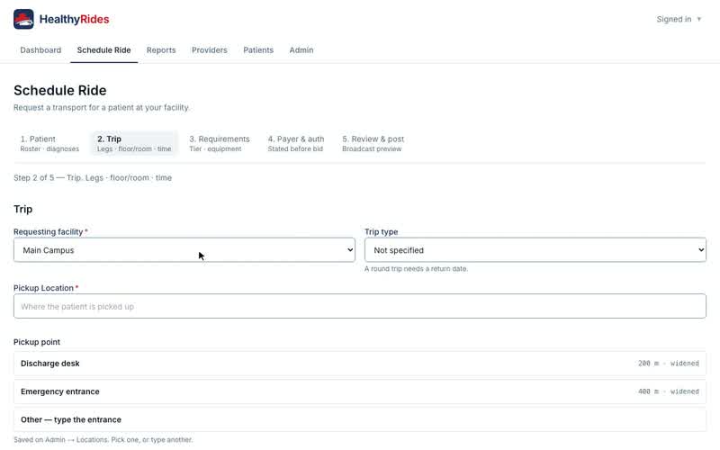 Schedule Ride, step 2: the trip, pickup points and Floor / Room, Facility and trip type