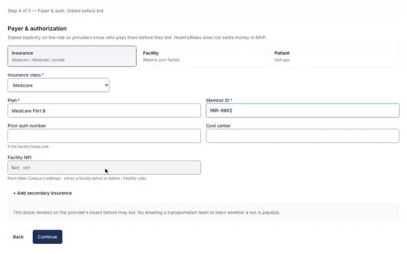 Schedule Ride, step 4: payer and authorization, Second payer