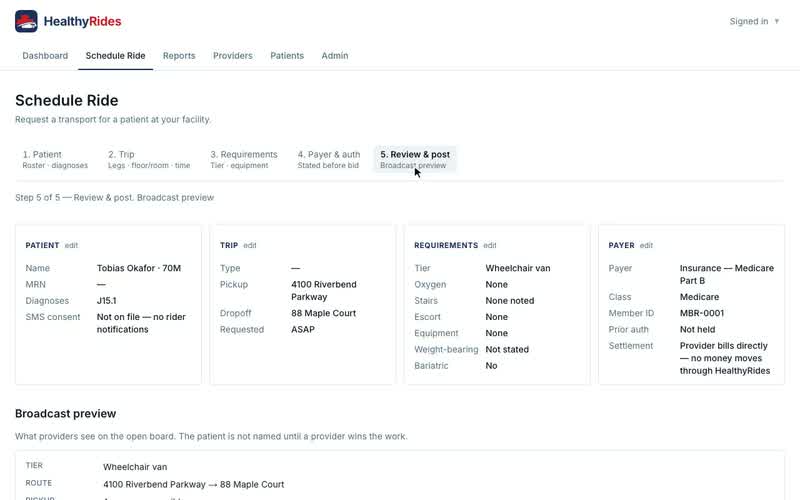 Schedule Ride, step 5: review and post, Broadcast preview