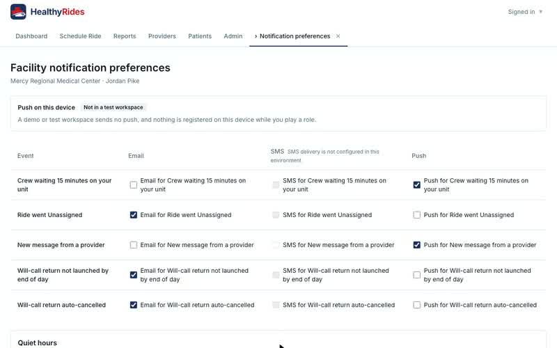 Notification preferences, Quiet hours