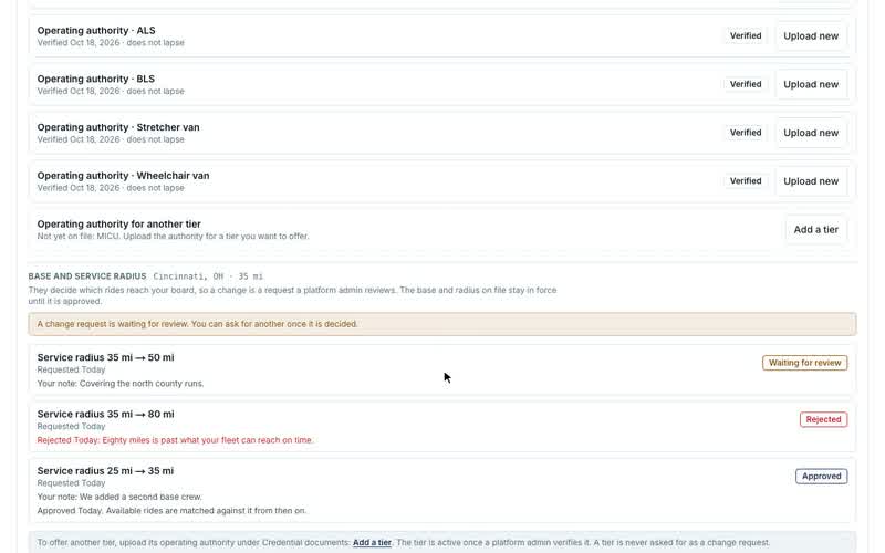 Changing your base or service radius, Your change requests