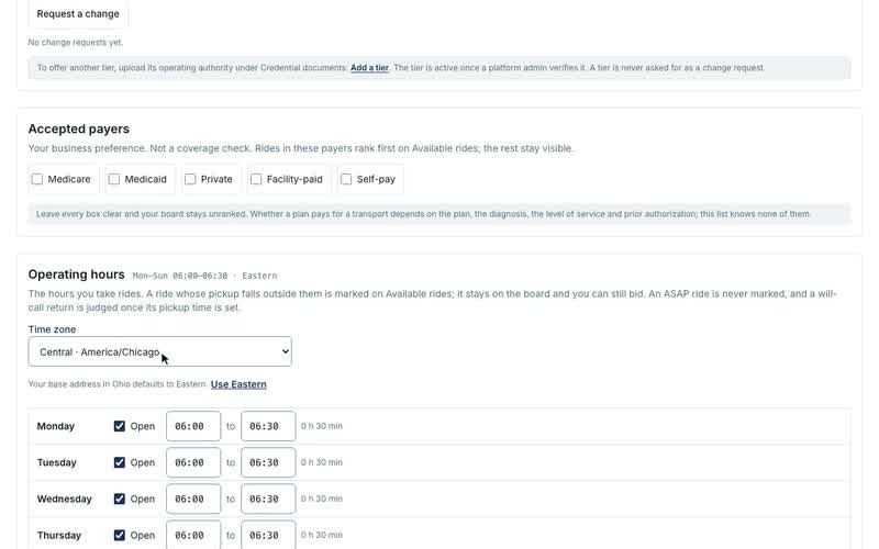 Setting your operating hours, Time zone