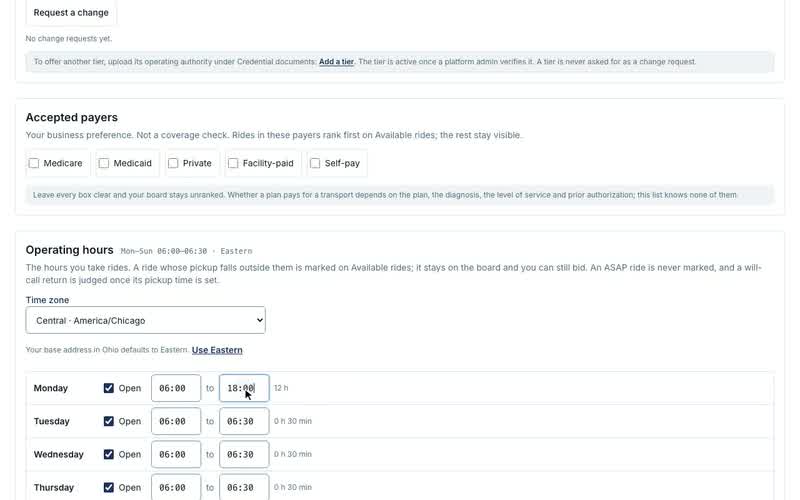 Setting your operating hours, The week