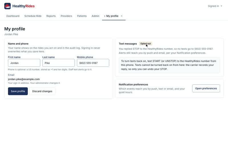 My profile, Text messages